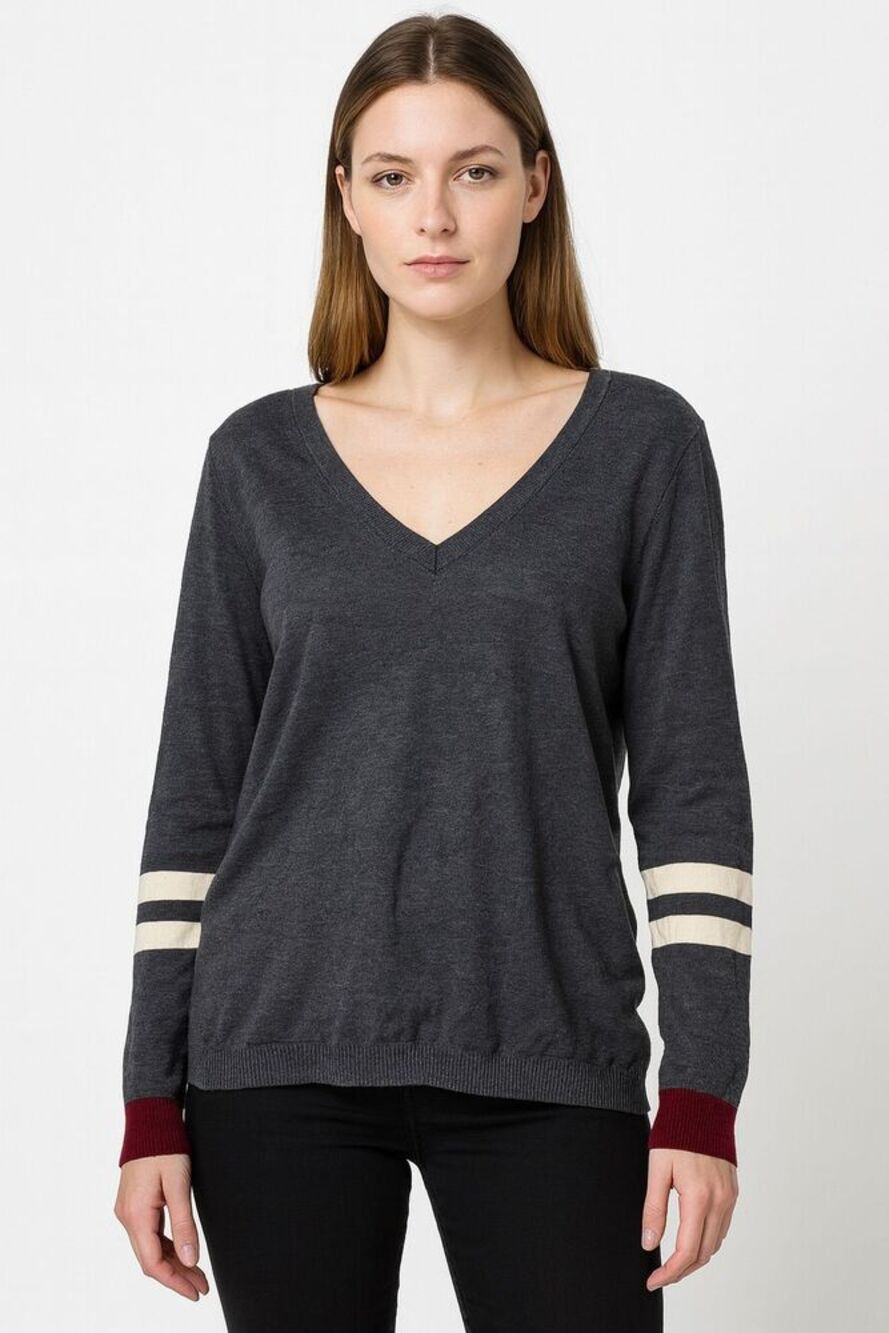 Madewell Merino Wool Pullover Sweater XL Gray Striped V-Neck Preppy Academia